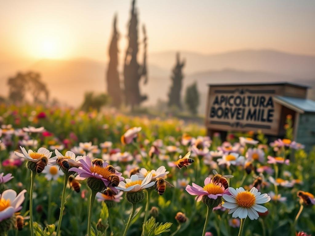 A lush, vibrant field of blooming flowers, their petals gently swaying in the breeze. In the foreground, a group of honey bees diligently pollinating the blossoms, their fuzzy bodies covered in pollen. The midground reveals a serene apiary, the "APICOLTURA BORVEI MIELE" logo prominently displayed on a wooden sign. In the background, a hazy, sunset-bathed landscape, with towering trees and rolling hills. The scene is illuminated by warm, golden light, casting a soft, dreamlike glow. However, a sense of unease permeates the image, as the bees appear sluggish and disoriented, the vibrant colors muted, hinting at the detrimental impact of pesticides on their health and vitality.