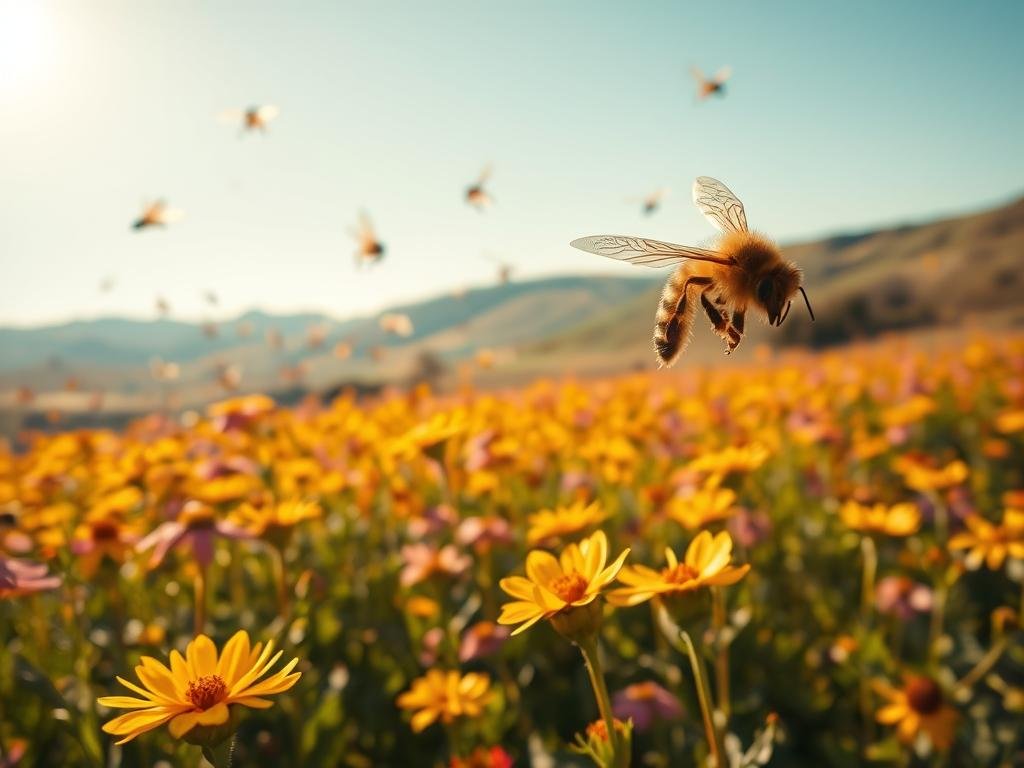 A lush, vibrant field of blooming flowers, with a captivating swarm of honey bees gracefully dancing and flitting between the petals. The warm, golden sunlight bathes the scene, casting a soft, inviting glow. In the foreground, a close-up of a single bee in mid-flight, its delicate wings reflecting the light, its fuzzy body a study in intricate patterns. The background features rolling hills and a clear, azure sky, creating a serene, idyllic atmosphere. APICOLTURA BORVEI MIELE, a testament to the essential role of these industrious pollinators in the natural world.