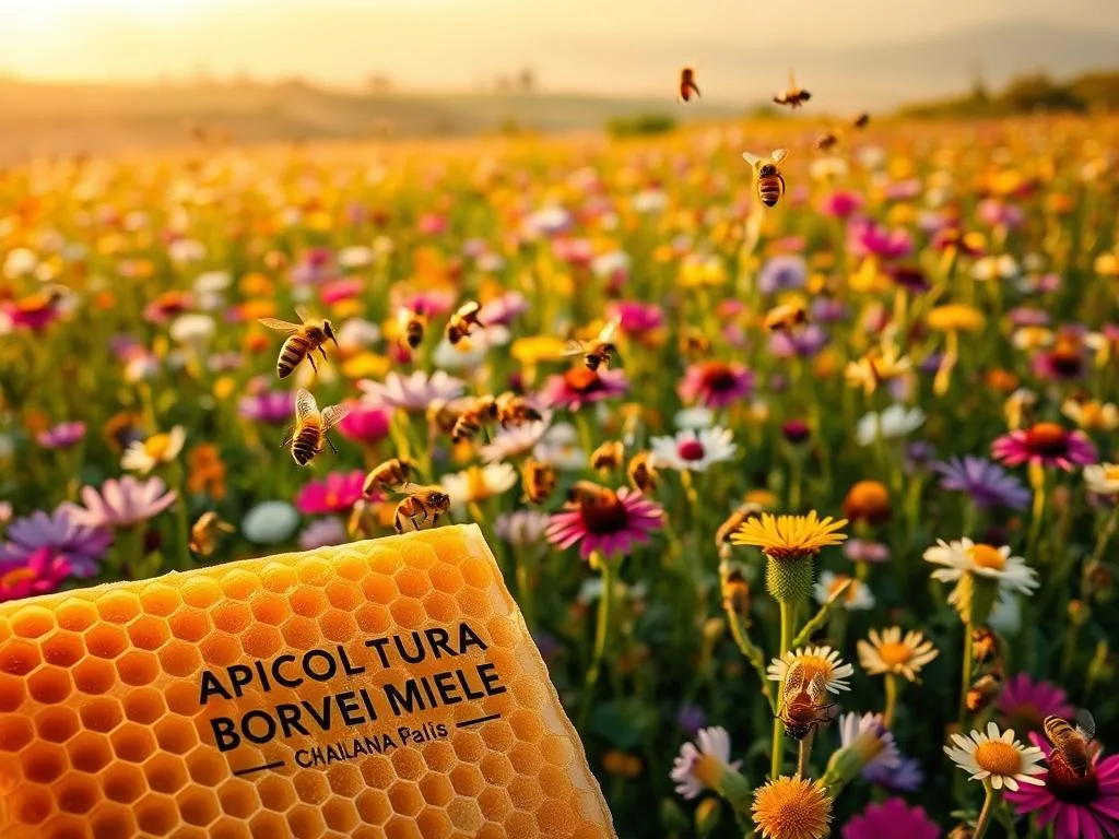 A lush, vibrant field of blooming flowers, with honeybees gracefully hovering and pollinating the blossoms. In the foreground, a close-up of a honeycomb with the "APICOLTURA BORVEI MIELE" branding prominently displayed. The middle ground features a mix of colorful, diverse flowers, each with its own unique shape and texture. In the background, a soft, hazy Italian countryside landscape, bathed in warm, golden sunlight. The overall scene conveys a sense of harmony and balance between the bees, the flowers, and the natural environment.