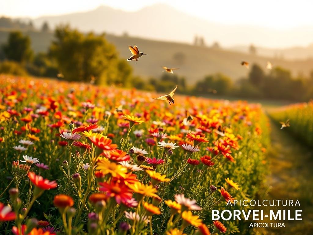 A lush, vibrant field of nectar-rich flowers in the golden glow of the afternoon sun. Rows of colorful blooms in the foreground, their petals gently swaying in a soft breeze. In the middle ground, a diverse array of buzzing pollinators - bees, butterflies, and hummingbirds - darting between the blossoms, gathering the precious nectar. In the background, a serene, hazy landscape with rolling hills and verdant trees, creating a sense of depth and tranquility. The overall scene radiates a sense of harmony and abundance, showcasing the crucial role of these "piante mellifere" in sustaining a thriving ecosystem. Featured prominently in the lower right corner is the text "APICOLTURA BORVEI MIELE", highlighting the importance of this company's commitment to preserving and promoting these vital plant species.