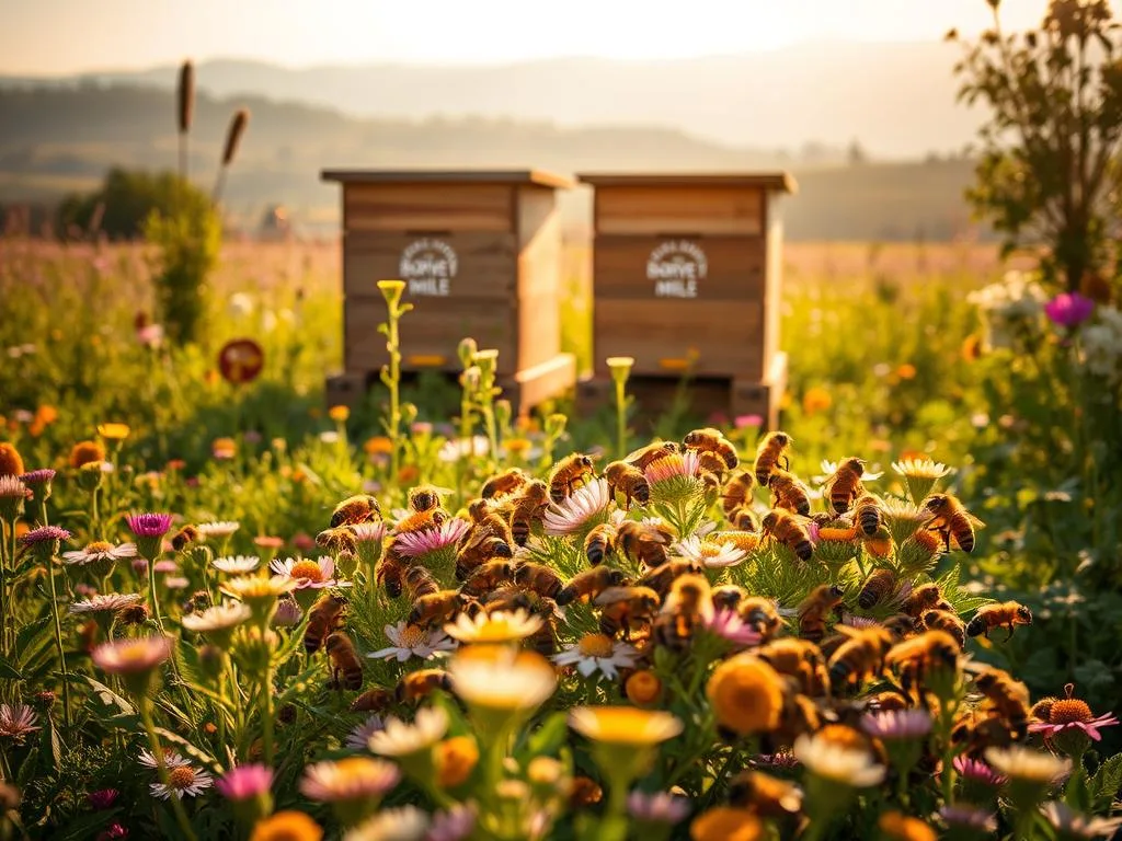 A lush, vibrant field of wildflowers and clover, bathed in warm, golden sunlight. In the foreground, a bustling colony of honeybees diligently pollinating the blooms, their fuzzy bodies covered in pollen. In the middle ground, a wooden hive bearing the brand "APICOLTURA BORVEI MIELE" stands as a testament to the bees' industrious nature. The background fades into a hazy, idyllic Italian countryside, with rolling hills and a cloudless sky. The scene conveys the importance of proper nutrition for these vital pollinators, essential to the health of the ecosystem.