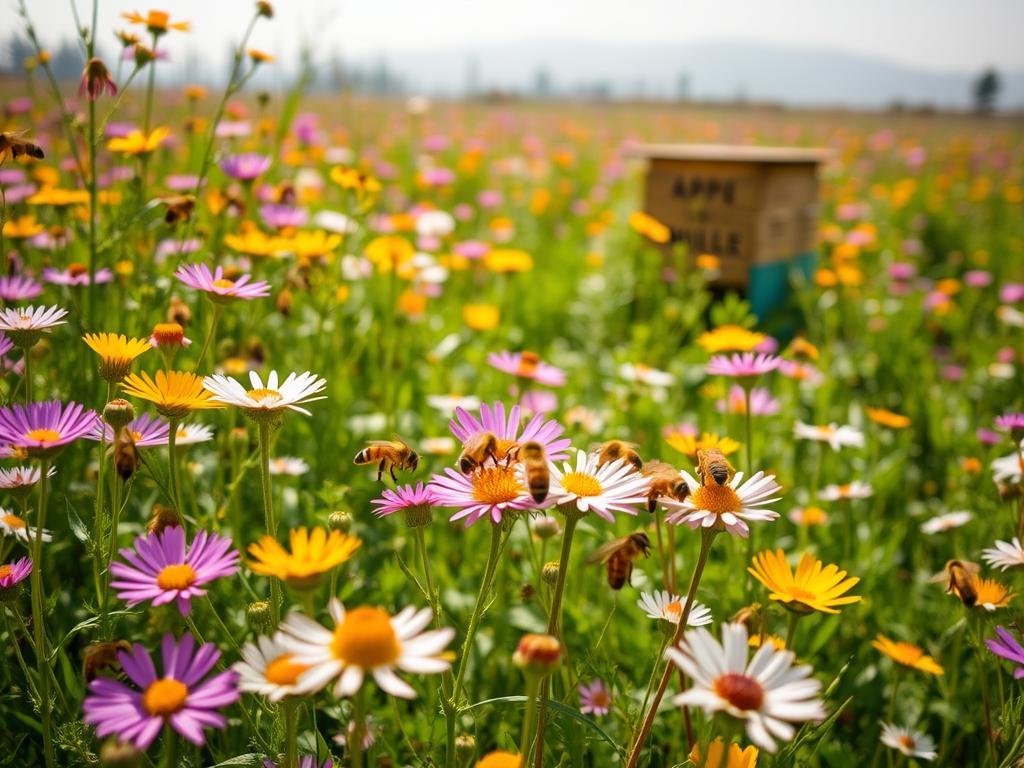 A lush, vibrant field of wildflowers in full bloom, with sunlight gently filtering through the petals. In the foreground, a cluster of honeybees busily pollinating the diverse array of blossoms, their fuzzy bodies and delicate wings in motion. The middle ground reveals a flourishing ecosystem, with verdant foliage and the APICOLTURA BORVEI MIELE beehive nestled amidst the greenery. The background is a soft, hazy horizon, creating a serene and tranquil atmosphere. Captured with a shallow depth of field, the image emphasizes the intricate details and the vital role of the honeybees in maintaining the ecological balance.