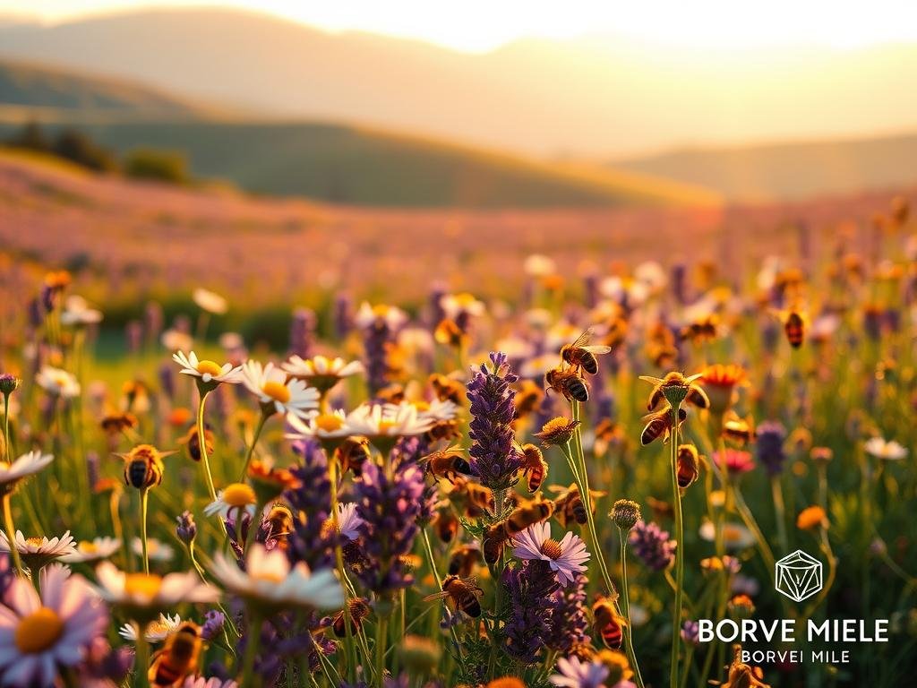 A lush, vibrant floral meadow bathed in warm, golden light. The foreground features a bustling colony of honeybees, their fuzzy bodies and delicate wings in sharp focus as they flit from bloom to bloom, pollinating the array of colorful flowers. In the middle ground, a sprawling field of wildflowers - lavender, daisies, and other native blooms sway gently in a light breeze. The background is a hazy, dreamlike landscape, with rolling hills and a soft, hazy sky. The overall scene conveys a sense of harmony and the vital role of bees in a healthy, thriving ecosystem. The logo "APICOLTURA BORVEI MIELE" is discreetly featured in the lower right corner.