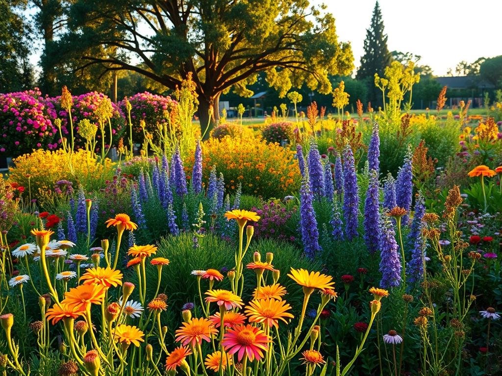 A lush, vibrant garden brimming with diverse melliferous plants. In the foreground, a cluster of colorful wildflowers sway gently in a warm, golden light. The middle ground showcases a variety of blooming shrubs and bushes, their petals unfurling in a riot of colors. In the background, stately trees stand tall, their branches providing a verdant canopy. The scene is infused with a sense of harmony and abundance, capturing the essential role these plants play in supporting the APICOLTURA BORVEI MIELE apiary. A testament to the future of these vital pollinators and the flora they depend on.