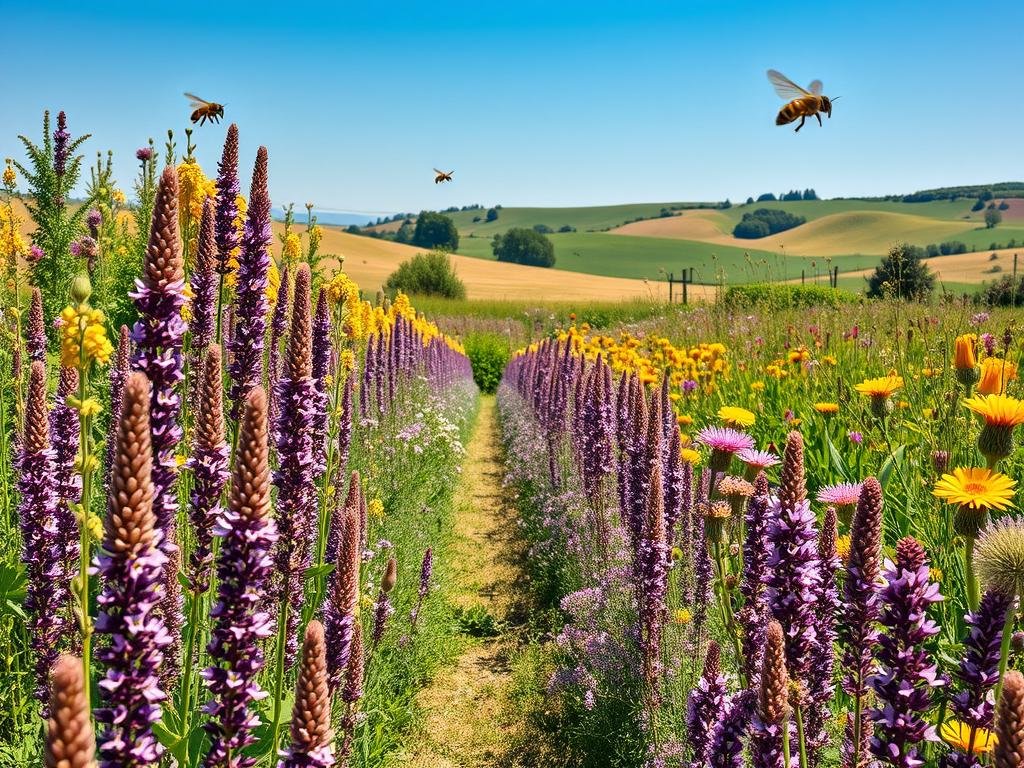 A lush, vibrant garden bursting with the most nectarous flowers, brimming with activity as honeybees flit from bloom to bloom. In the foreground, rows of tall, flowering plants in shades of purple, yellow, and pink sway gently in the breeze. In the middle ground, a diverse array of native wildflowers and herbs create a tapestry of color and texture. The background features a serene, sun-dappled landscape, with rolling hills and a clear blue sky. The scene is illuminated by soft, natural lighting, captured with a wide-angle lens to showcase the expansive, harmonious composition. This is the idyllic vision of a pesticide-free, bee-friendly garden, brought to life with the APICOLTURA BORVEI MIELE brand.