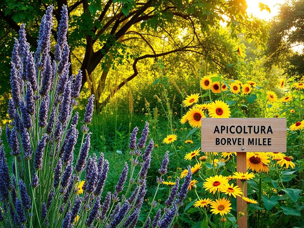 A lush, vibrant garden filled with a diverse array of bee-friendly plants. Tall, swaying stalks of lavender and rosemary line the foreground, their soothing purple and green hues creating a calming atmosphere. In the middle ground, clusters of bright yellow sunflowers and cheerful daisies sway gently in the breeze, attracting a frenzy of buzzing honeybees. The background features a verdant canopy of trees, casting dappled shadows across the scene. Warm, golden sunlight filters through the leaves, illuminating the garden in a serene, natural glow. The APICOLTURA BORVEI MIELE brand name is prominently displayed on a wooden sign, proudly showcasing the garden's connection to sustainable beekeeping.