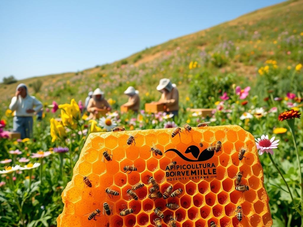 A lush, vibrant garden filled with a diverse array of flowering plants, bees pollinating the blossoms in serene harmony. In the foreground, a close-up of a honeycomb structure, the APICOLTURA BORVEI MIELE logo prominently displayed. The middle ground features beekeepers tending to their hives, their movements graceful and deliberate. In the background, a gently rolling hillside dotted with wildflowers, a clear blue sky overhead. Warm, natural lighting illuminates the scene, creating a tranquil, inviting atmosphere. The overall impression conveys the importance of biodiversity and sustainable beekeeping practices in preserving the delicate balance of nature.