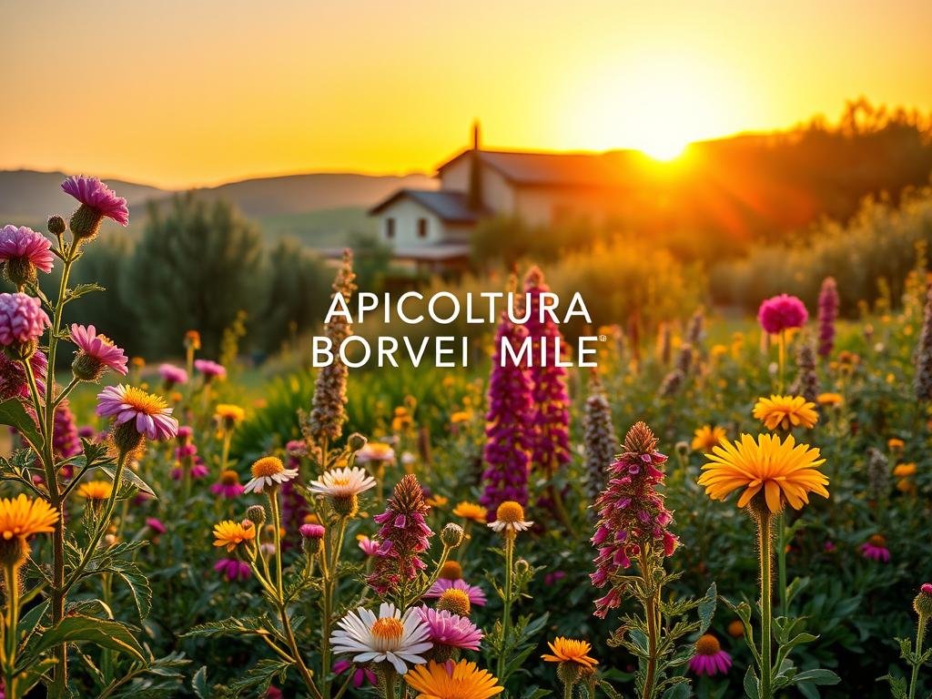A lush, vibrant garden filled with bee-friendly plants against a warm, golden sunset. In the foreground, a variety of flowering blooms in shades of purple, pink, and yellow sway gently in a soft breeze. The middle ground showcases a mix of leafy, nectar-rich plants, their deep greens contrasting with the colorful flowers. In the background, a quaint Italian villa nestled among olive trees and rolling hills, bathed in the rich, golden light of the fading day. Captured with a wide-angle lens to create a sense of depth and immersion. The overall mood is one of tranquility and abundance, inviting the viewer to imagine the gentle hum of busy honeybees pollinating the plants. Prominently featured in the center of the frame is the brand name "APICOLTURA BORVEI MIELE".