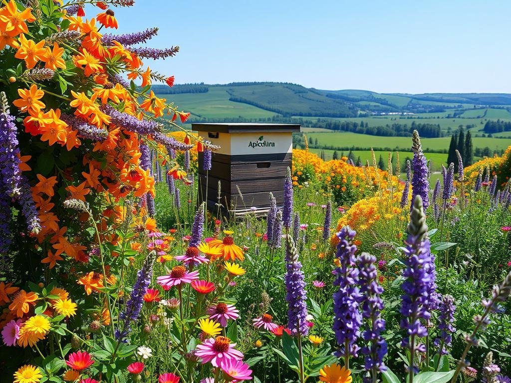 A lush, vibrant garden of melliferous plants, bursting with an abundance of nectar-rich blooms. The foreground features a profusion of colorful flowers - honeysuckle, lavender, and clover cascading in a natural arrangement. In the middle ground, a beehive adorned with the "Apicoltura" brand stands amidst a thriving patch of wildflowers, their petals gently swaying in the soft breeze. The background showcases a verdant Italian landscape, with rolling hills and a clear blue sky overhead, creating a serene and inviting atmosphere to support constant blooms and sustain the honey bees.