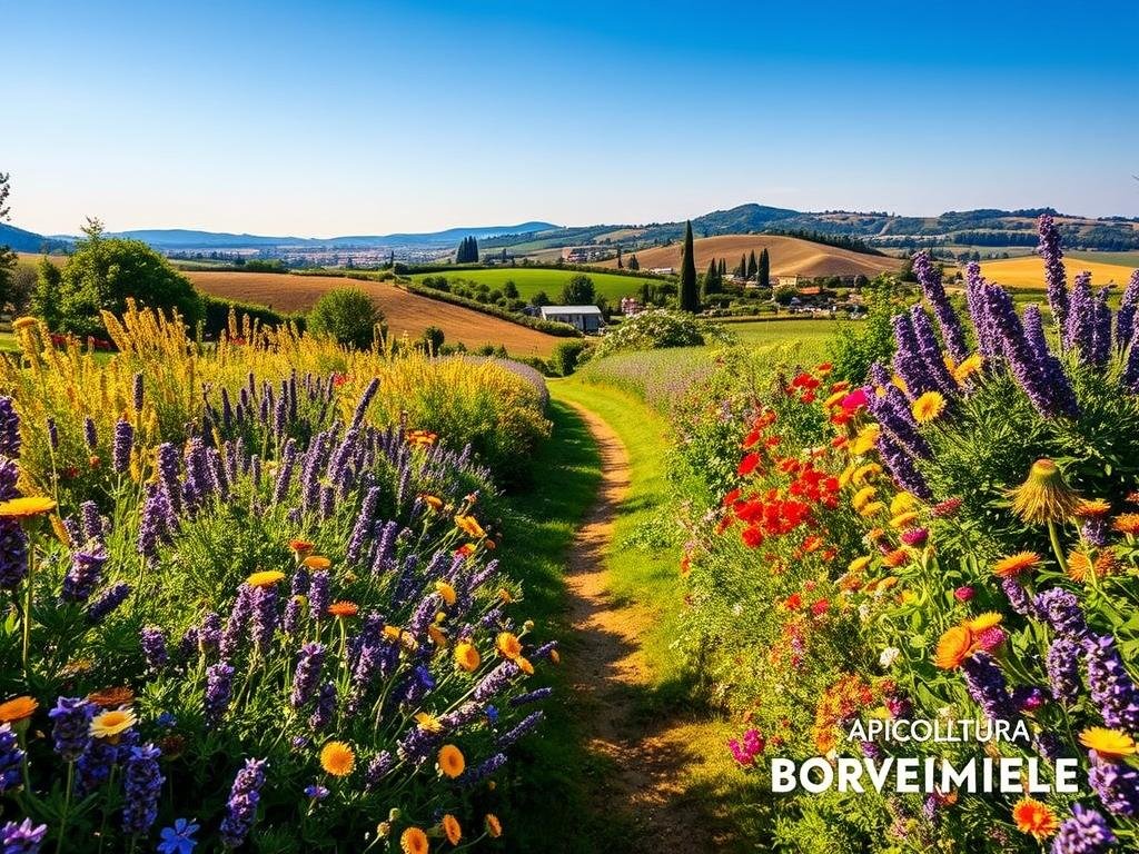 A lush, vibrant garden overflowing with a diverse array of blooming flowers and plants, designed to attract a thriving community of bees and other pollinators. The foreground features a wide variety of nectar-rich flora, including lavender, rosemary, and thyme, their delicate petals catching the warm, golden light. In the middle ground, a meandering path winds through the verdant landscape, inviting visitors to explore. The background showcases a picturesque country scene, with rolling hills and a clear blue sky. The overall atmosphere is serene and tranquil, with a focus on sustainability and the harmonious co-existence of humans and nature. The image prominently displays the APICOLTURA BORVEI MIELE brand name, reflecting the garden's purpose as a haven for bees and a source of high-quality honey.