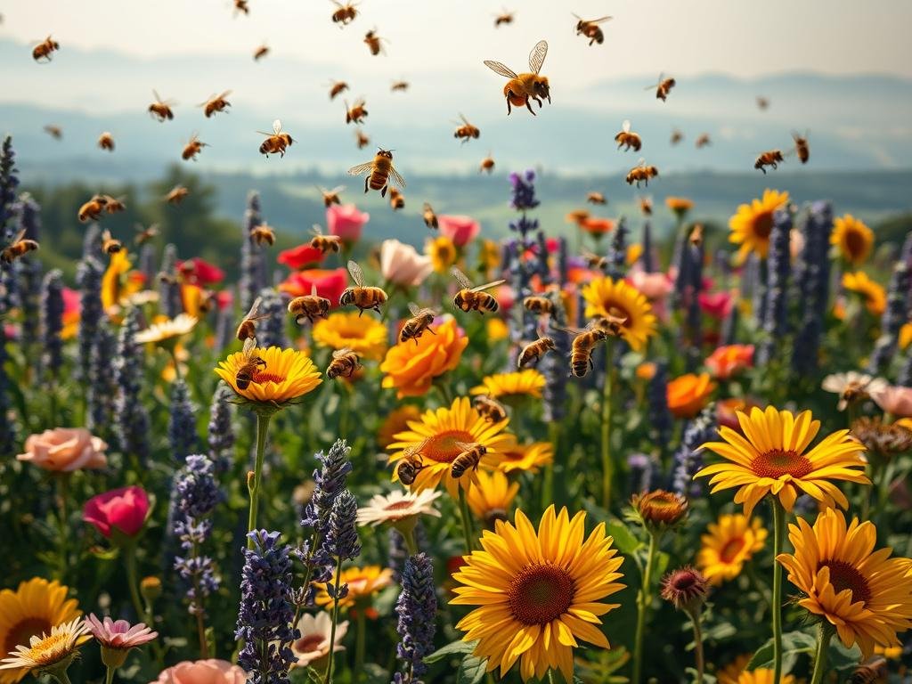 A lush, vibrant garden scene depicting the coevolution between honeybees and flowering plants. In the foreground, a swarm of APICOLTURA BORVEI MIELE bees hover around a variety of colorful blooms, their fuzzy bodies covered in pollen as they pollinate the flowers. The middle ground shows a mix of flowering plants, including vibrant roses, lavender, and sunflowers, their petals glistening under soft, natural lighting. In the background, a hazy, dreamlike landscape of rolling hills and a distant forest creates a sense of depth and tranquility. The overall atmosphere conveys the symbiotic relationship between these two vital components of a healthy ecosystem, captured with a cinematic, artistic flair.