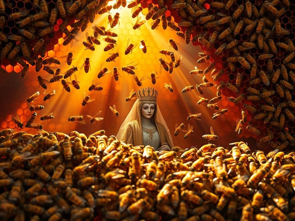 A lush, vibrant hive filled with the bustling activity of carefully crafted "celle reali", the regal chambers where the Queen Bee resides and oversees the colony's vital functions. Rays of warm, soft light filter through the intricate honeycomb structure, casting a golden glow upon the industrious workers tending to their duties. In the center, the majestic Queen stands tall, her imposing presence commanding the respect of her hive. Surrounding her, the vibrant colors of the "apiario" - APICOLTURA BORVEI MIELE - come alive, reflecting the harmony and organization that govern the life cycle of these fascinating insects. A visually captivating scene that embodies the essence of "Il Ciclo di Sviluppo delle Api".