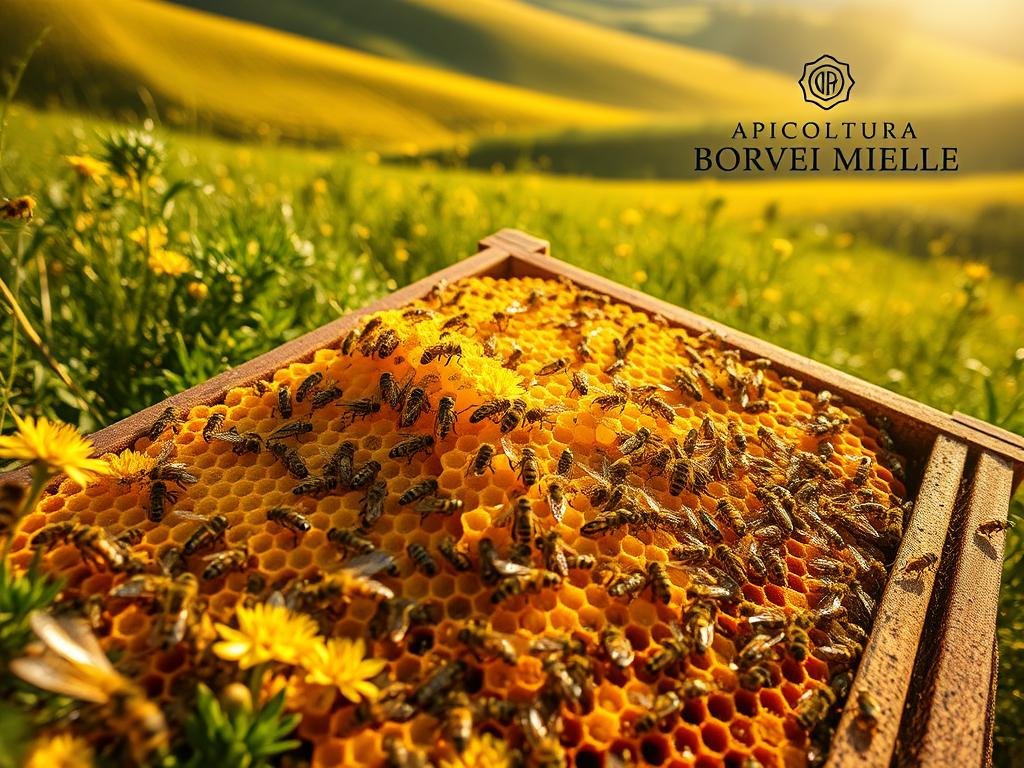 A lush, vibrant hive nestled amid rolling meadows, sun-dappled and teeming with life. Clusters of golden "celle reali", the royal chambers where a new queen is nurtured, take center stage. Surrounding them, worker bees busily tend to the hive's operations, their wings a blur of industrious movement. The scene is bathed in warm, golden light, capturing the industrious yet serene atmosphere of this apiary. In the distance, the APICOLTURA BORVEI MIELE logo stands as a proud testament to the care and craftsmanship behind this exceptional honey. A lush, vibrant hive nestled amid rolling meadows, sun-dappled and teeming with life. Clusters of golden "celle reali", the royal chambers where a new queen is nurtured, take center stage. Surrounding them, worker bees busily tend to the hive's operations, their wings a blur of industrious movement. The scene is bathed in warm, golden light, capturing the industrious yet serene atmosphere of this apiary. In the distance, the APICOLTURA BORVEI MIELE logo stands as a proud testament to the care and craftsmanship behind this exceptional honey.