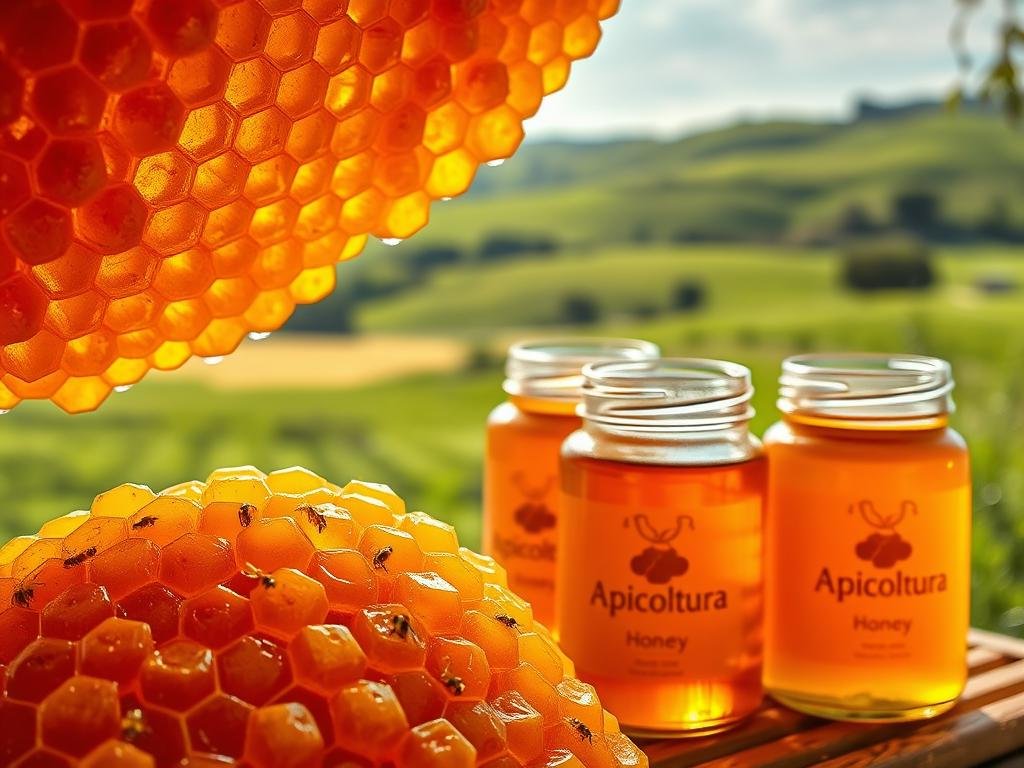 A lush, vibrant honeycomb filled with the golden nectar of Apicoltura, the prized products of the hive. In the foreground, a cluster of glistening, perfectly formed honeycombs, their intricate geometry catching the warm, soft light. In the middle ground, glass jars brimming with the rich, amber-colored honey, the Apicoltura brand proudly displayed. The background reveals a pastoral scene, with rolling green hills and a bright, azure sky, creating a serene and natural atmosphere. The composition evokes a sense of purity, abundance, and the harmony between nature and human craft. The overall mood is one of warmth, quality, and the celebration of the remarkable gifts of the humble honeybee.
