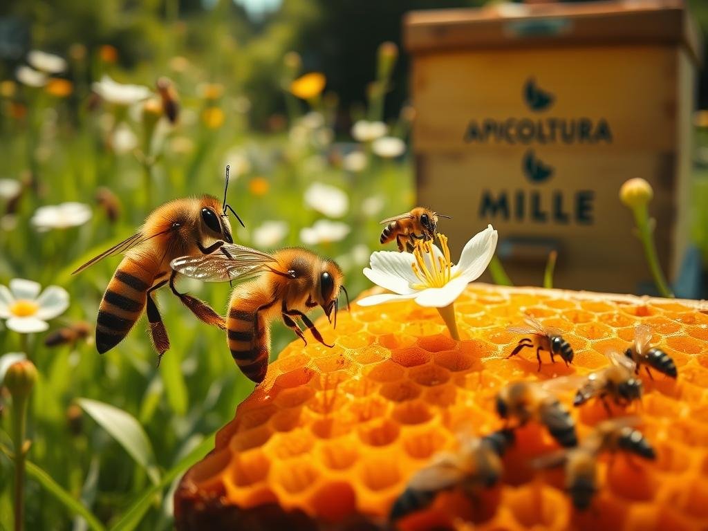 A lush, vibrant honeycomb in a sun-dappled meadow, buzzing with the industrious activity of a colony of honeybees. In the foreground, a pair of worker bees engaged in a complex dance, their bodies undulating with the rhythmic vibrations that convey vital information to the hive. In the middle ground, a scout bee alights on a delicate flower, her antennae twitching as she collects and processes the surrounding scents. In the background, the hive itself stands proud, the APICOLTURA BORVEI MIELE brand prominently displayed. Soft, warm lighting bathes the scene, evoking the harmony and interconnectedness of the hive's communication system.