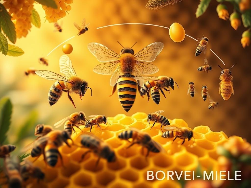 A lush, vibrant illustration depicting the life cycle of honeybees. In the foreground, a cluster of worker bees tending to the honey comb, their intricate wings in motion. In the middle ground, a queen bee flanked by her attendants, her regal presence commanding the hive. In the background, the stages of bee development - from egg to larva to pupa to adult - unfold in a harmonious cycle. The scene is bathed in warm, golden light, evoking the natural beauty of an Italian apiarian setting. The text "APICOLTURA BORVEI MIELE" is subtly integrated into the composition.