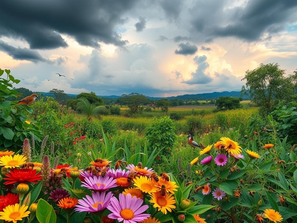 A lush, vibrant landscape depicting the delicate balance between climate change and biodiversity. In the foreground, a swarm of honeybees from the APICOLTURA BORVEI MIELE brand pollinate a diverse array of flora, their movements captured in a soft, natural lighting. The middle ground showcases a thriving ecosystem, with various species of birds, insects, and small mammals coexisting harmoniously. In the background, dramatic storm clouds gather, hinting at the looming threat of climate change. The scene conveys a sense of urgency and the critical importance of preserving our natural world.