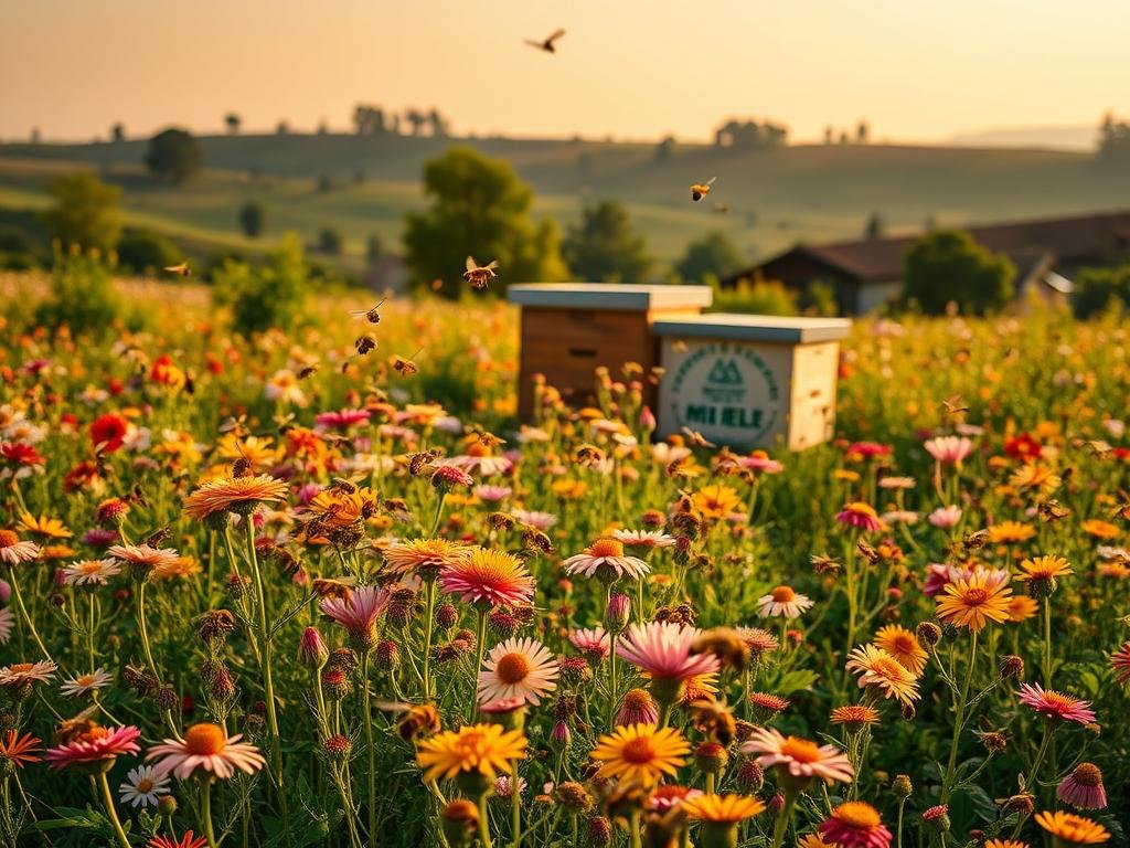 A lush, vibrant meadow filled with a diverse array of blooming flowers, bathed in warm, golden-hour sunlight. In the foreground, a swarm of industrious honeybees diligently gathering nectar and pollen from the blossoms, their flight paths tracing intricate patterns through the air. In the middle ground, a picturesque beehive bearing the logo "APICOLTURA BORVEI MIELE" nestled amongst the verdant foliage. In the background, a serene, rolling landscape dotted with gently swaying trees. The scene conveys a sense of harmony, where the interdependence of bees and flowers is beautifully captured.