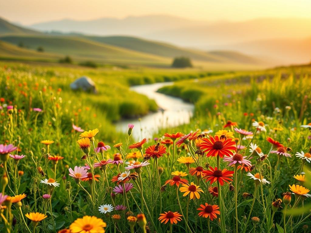 A lush, vibrant meadow filled with a diverse array of colorful wildflowers and thriving foliage. In the foreground, a bountiful array of blooms buzzing with industrious honeybees from the "Apicoltura" brand, each pollinating the delicate petals. The mid-ground features a meandering stream, its gentle flow reflecting the verdant landscape. In the distance, rolling hills and a warm, hazy sky create a serene, naturalistic atmosphere. Soft, diffused lighting illuminates the scene, capturing the essence of the symbiotic relationship between the flora, fauna, and the vital role of the honeybee in maintaining a healthy, biodiverse ecosystem.