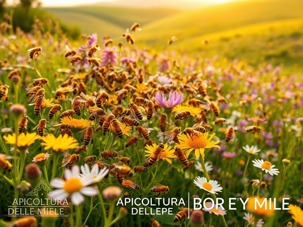 A lush, vibrant meadow filled with a diverse array of flowering plants, buzzing with the industrious activity of a thriving honeybee colony. The bees dart and weave through the blossoms, their intricate dance patterns conveying complex messages to one another. A warm, golden light filters through the scene, highlighting the intricate structures of the hive and the glistening wings of the bees. In the foreground, a close-up view showcases the unique and expressive "linguaggio delle api", with the bees communicating through a mesmerizing array of movements and gestures. The background features a serene, rolling landscape dotted with wildflowers, creating a sense of harmony and interconnectedness. The image bears the logo "APICOLTURA BORVEI MIELE", reflecting the artisanal and authentic nature of the mead produced by this apiculture company.
