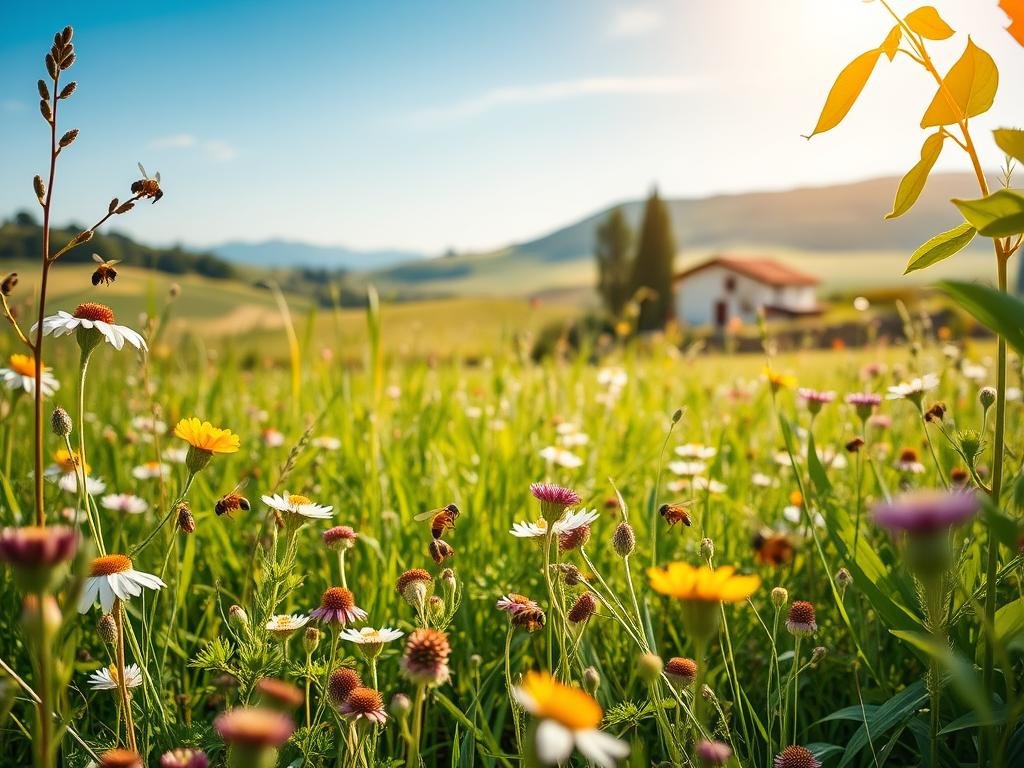 A lush, vibrant meadow filled with a diverse array of wildflowers, grasses, and verdant foliage. In the foreground, a group of industrious honeybees buzz around, pollinating the blooms with graceful precision. The middle ground features a picturesque Italian countryside backdrop, with rolling hills, charming farmhouses, and a clear blue sky overhead. Soft, warm lighting filters through, creating a serene, natural atmosphere. The image prominently displays the "APICOLTURA BORVEI MIELE" brand, showcasing the importance of these pollinators to the local ecosystem and the production of high-quality honey.