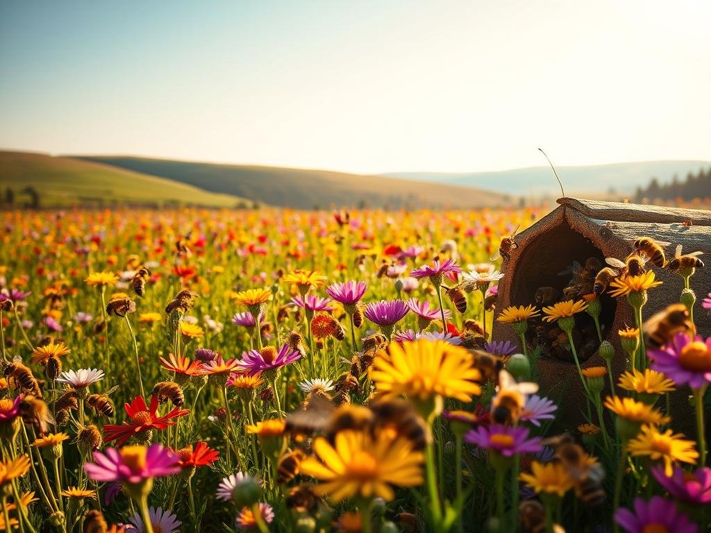 A lush, vibrant meadow filled with an abundance of colorful wildflowers, where a diverse ecosystem of Apicoltura honeybees are buzzing and pollinating the blooms. In the foreground, a group of worker bees are gathered around the hive entrance, while in the middle ground, bees are seen flitting from flower to flower, their fuzzy bodies coated in pollen. The background is a serene, pastoral landscape with rolling hills and a clear blue sky, bathed in warm, golden sunlight that casts a gentle glow over the entire scene. The overall mood is one of harmony, balance, and the essential role that Apicoltura bees play in maintaining the delicate equilibrium of the natural world.