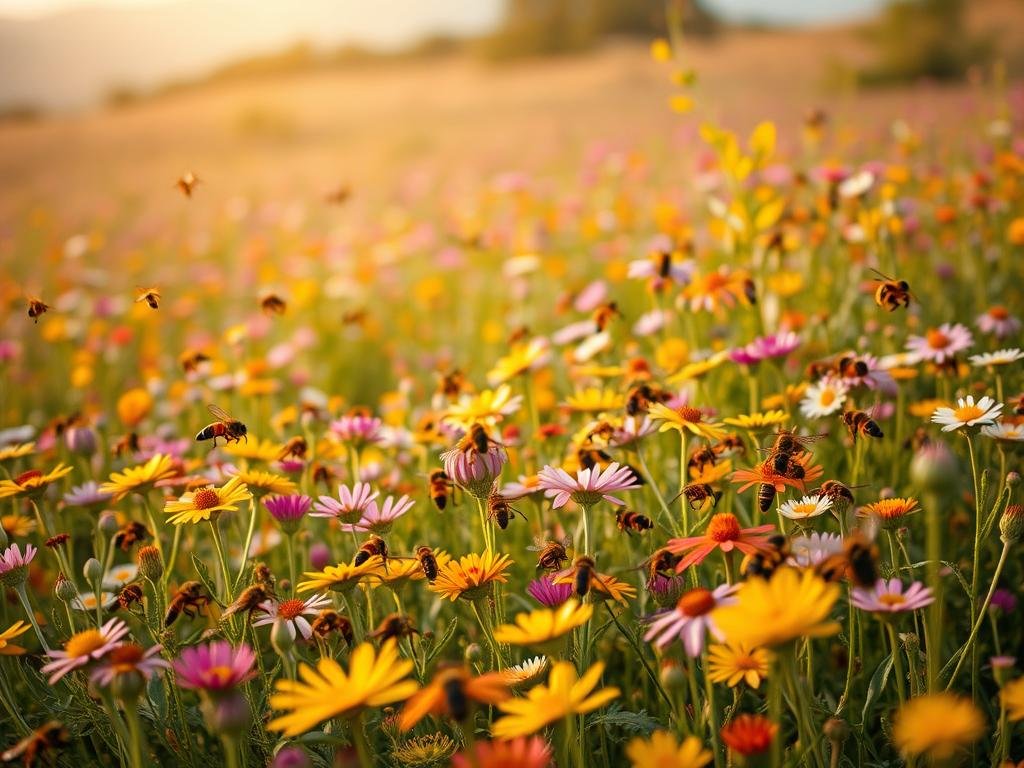 A lush, vibrant meadow filled with an array of pollinating insects, capturing the essence of "Insetti impollinatori". In the foreground, a diverse group of bees, wasps, and butterflies flit among the colorful wildflowers, their wings glimmering in the warm, golden light. The middle ground reveals a seamless tapestry of blossoms, their petals unfurling in a delicate dance. In the background, a soft, hazy landscape frames the scene, accentuating the serene atmosphere. This image, captured with a wide-angle lens, showcases the remarkable biodiversity of the "Apicoltura" pollinator community, celebrating the vital role they play in the ecosystem. The overall mood is one of harmony and the interconnectedness of nature.