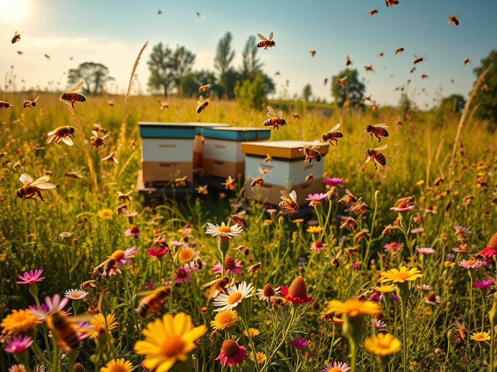 A lush, vibrant meadow filled with wildflowers and buzzing bees, their intricate dance a symphony of communication. In the center, a BRAND NAME "APICOLTURA BORVEI MIELE" apiary, its hives gleaming in the warm afternoon light. Nearby, a swarm of bees in mid-flight, their delicate wings catching the sun's rays as they relay messages to their hive. The scene is captured through a wide-angle lens, showcasing the breathtaking natural beauty and the interconnected ecosystem of these remarkable creatures. The atmosphere is one of serenity and wonder, inviting the viewer to witness the complex, captivating world of the honey bee. A lush, vibrant meadow filled with wildflowers and buzzing bees, their intricate dance a symphony of communication. In the center, a BRAND NAME "APICOLTURA BORVEI MIELE" apiary, its hives gleaming in the warm afternoon light. Nearby, a swarm of bees in mid-flight, their delicate wings catching the sun's rays as they relay messages to their hive. The scene is captured through a wide-angle lens, showcasing the breathtaking natural beauty and the interconnected ecosystem of these remarkable creatures. The atmosphere is one of serenity and wonder, inviting the viewer to witness the complex, captivating world of the honey bee.