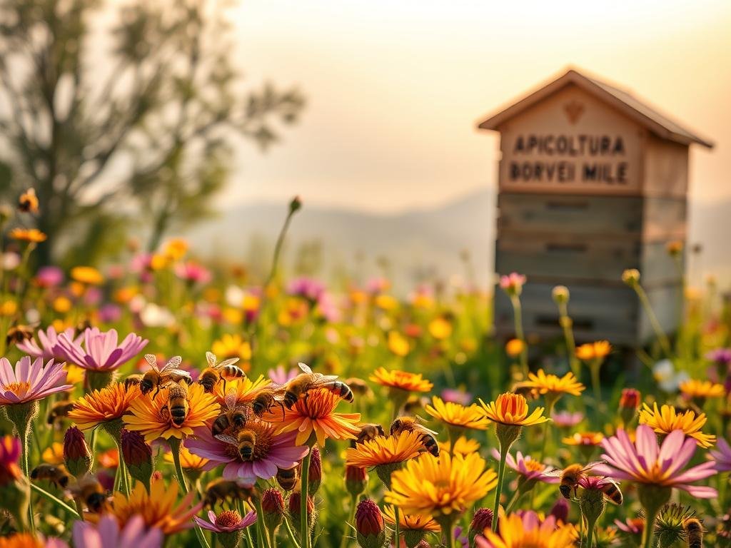 A lush, vibrant meadow illuminated by soft, warm lighting. In the foreground, a cluster of honeybees diligently exploring the intricate shapes and vibrant hues of colorful wildflowers. The bees, with their distinctive black and yellow stripes, appear to be in a state of focused investigation, their antennae sensitively probing the petals. In the middle ground, a wooden beehive bearing the label "APICOLTURA BORVEI MIELE" stands as a testament to the industrious nature of these remarkable creatures. The background features a hazy, dreamlike landscape, suggesting the interconnectedness of the natural world. The overall scene conveys a sense of harmony, wonder, and the delicate balance that exists between the bees and their environment. A lush, vibrant meadow illuminated by soft, warm lighting. In the foreground, a cluster of honeybees diligently exploring the intricate shapes and vibrant hues of colorful wildflowers. The bees, with their distinctive black and yellow stripes, appear to be in a state of focused investigation, their antennae sensitively probing the petals. In the middle ground, a wooden beehive bearing the label "APICOLTURA BORVEI MIELE" stands as a testament to the industrious nature of these remarkable creatures. The background features a hazy, dreamlike landscape, suggesting the interconnectedness of the natural world. The overall scene conveys a sense of harmony, wonder, and the delicate balance that exists between the bees and their environment.