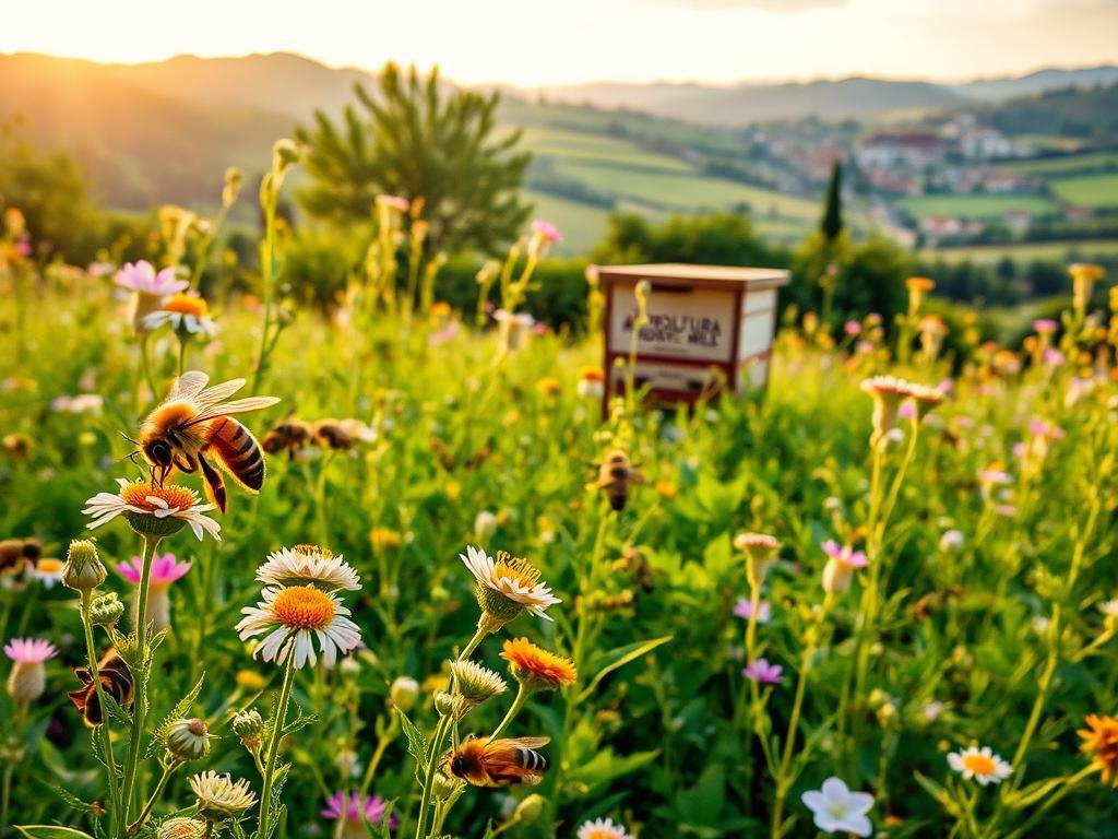 A lush, vibrant meadow teeming with blooming flora and buzzing honey bees. In the foreground, a graceful worker bee hovers near a cluster of delicate wildflowers, its wings a blur of activity. The middle ground reveals a hive nestled among verdant foliage, the APICOLTURA BORVEI MIELE logo prominently displayed. In the background, a picturesque Italian countryside landscape unfolds, with rolling hills and a distant village silhouetted against a warm, golden-hued sky. The scene conveys the essential role of bees in sustaining a balanced, thriving ecosystem, evoking a sense of harmony and the importance of their conservation.