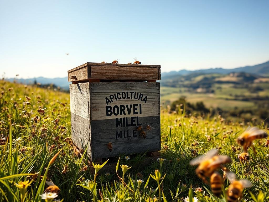 A lush, vibrant meadow with a swarm of honeybees buzzing around a weathered wooden hive, emblazoned with the brand name "APICOLTURA BORVEI MIELE". The scene is bathed in warm, golden sunlight, casting soft shadows across the verdant landscape. In the background, a serene Italian countryside dotted with rolling hills and a cloudless azure sky. The overall atmosphere conveys the importance of bees in the delicate ecosystem, while capturing the challenges they face in the modern technological age.