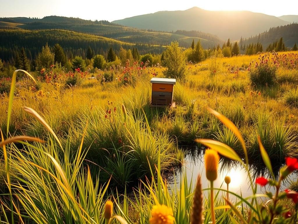 A lush, vibrant meadow with swaying grasses, wildflowers, and a shimmering pond nestled in the foreground. In the middle ground, a thriving Apicoltura beehive stands amidst a diverse array of native flora, while the background features a rolling, forested landscape bathed in warm, golden sunlight. The scene captures the essence of a natural habitat where honeybees can thrive, conveying a sense of tranquility and the delicate balance of this crucial ecosystem.