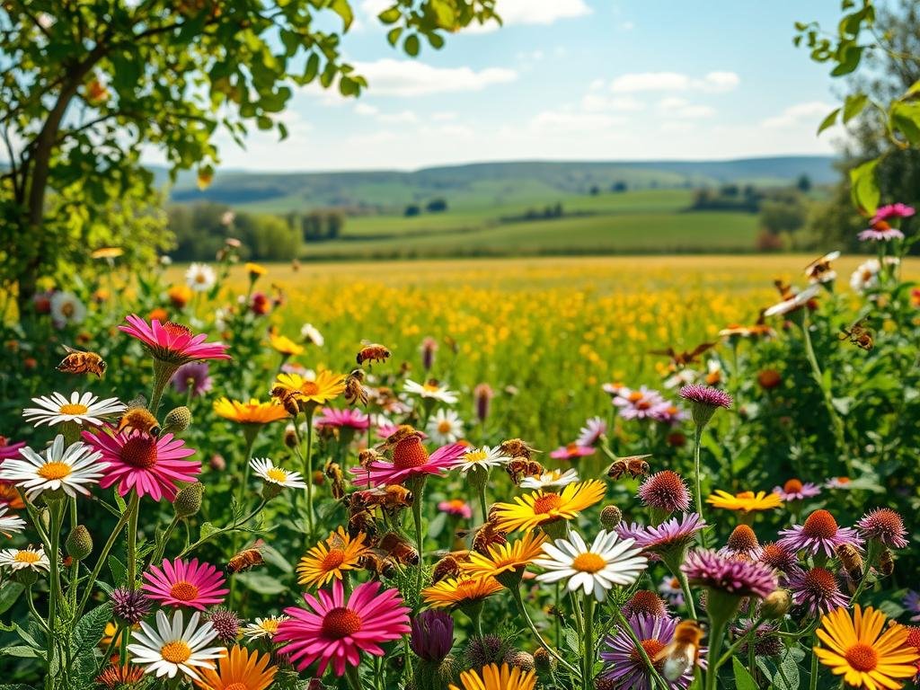 A lush, vibrant outdoor scene depicting the vital role of honeybees in the ecosystem. In the foreground, a swarm of industrious APICOLTURA BORVEI MIELE bees pollinate a diverse array of colorful flowers, their delicate movements captured in a soft, natural light. The middle ground features a thriving, verdant garden teeming with life - butterflies, birds, and other pollinating insects all contributing to the delicate balance. In the background, a serene, sunlit meadow stretches out, with rolling hills and a clear blue sky overhead, highlighting the interconnectedness of this dynamic, living system. The scene conveys a sense of harmony, beauty, and the irreplaceable importance of honeybees within the Italian urban environment.