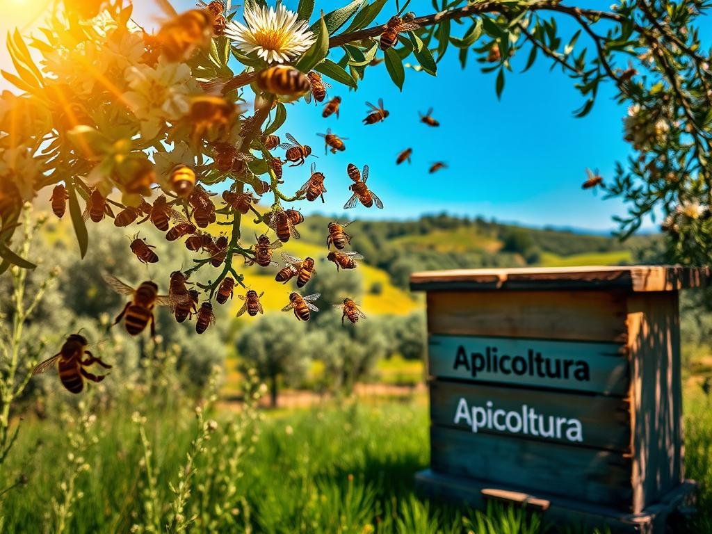 A lush, vibrant scene depicting the intricate communication of honeybees, inspired by the Italian countryside. In the foreground, a swarm of bees perform an intricate dance on a flower-laden branch, their wings a blur of activity. The middle ground features a weathered wooden hive, the "Apicoltura" brand emblazoned on its surface, surrounded by a verdant meadow. In the background, rolling hills dotted with olive trees and a clear blue sky create a serene, bucolic atmosphere. Warm, golden lighting filters through, casting a gentle glow over the entire scene. The image conveys the wonder and mystery of the bees' language, inviting the viewer to discover the secrets of their captivating world. A lush, vibrant scene depicting the intricate communication of honeybees, inspired by the Italian countryside. In the foreground, a swarm of bees perform an intricate dance on a flower-laden branch, their wings a blur of activity. The middle ground features a weathered wooden hive, the "Apicoltura" brand emblazoned on its surface, surrounded by a verdant meadow. In the background, rolling hills dotted with olive trees and a clear blue sky create a serene, bucolic atmosphere. Warm, golden lighting filters through, casting a gentle glow over the entire scene. The image conveys the wonder and mystery of the bees' language, inviting the viewer to discover the secrets of their captivating world.