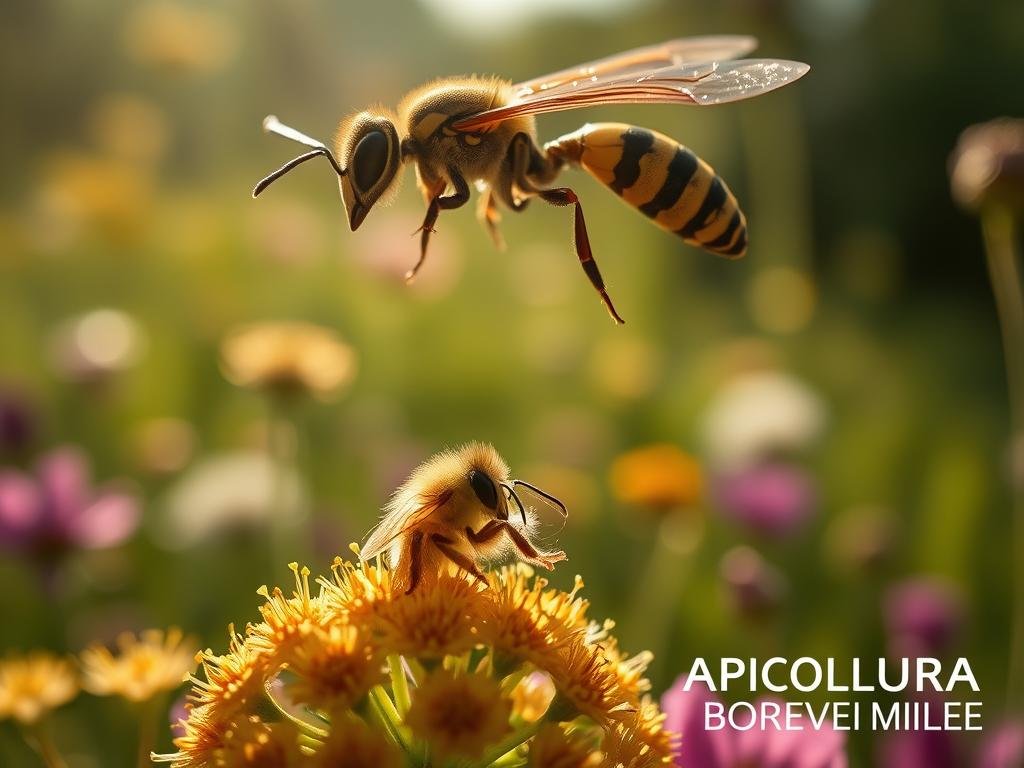 A lush, vibrant scene showcasing the distinct visual differences between bees and wasps. In the foreground, a softly-lit honeybee flits amongst a cluster of pollen-dusted flowers, its fuzzy body covered in delicate golden hairs. In the middle ground, a sleek wasp hovers menacingly, its smooth, striped exoskeleton glistening under dramatic chiaroscuro lighting. The background features a sun-dappled meadow, with the APICOLTURA BORVEI MIELE logo subtly integrated into the natural landscape. The overall mood is one of scientific curiosity and appreciation for the unique adaptations of these fascinating insects.