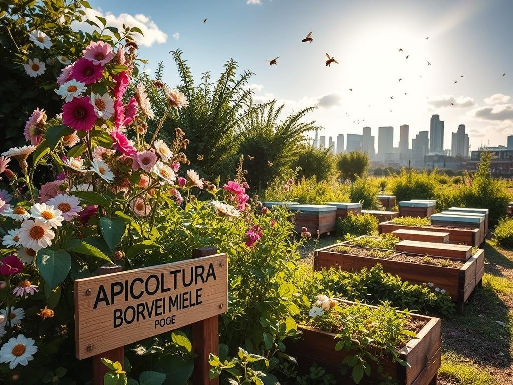 A lush, vibrant urban garden filled with blooming flowers and thriving beehives. Sunlight filters through the foliage, casting a warm glow over the scene. Clusters of honeybees dart among the petals, pollinating the diverse flora. In the foreground, a wooden sign proudly displays the brand name "APICOLTURA BORVEI MIELE", showcasing the local, sustainable honey production. The middle ground reveals a peaceful apiary, with hives nestled among raised garden beds overflowing with vibrant greenery. In the background, the skyline of a modern city skyline provides a striking contrast, highlighting the harmonious coexistence of nature and urban life. Subtle details, such as the gentle breeze rustling the leaves and the soft buzzing of contented bees, create a calming, idyllic atmosphere.