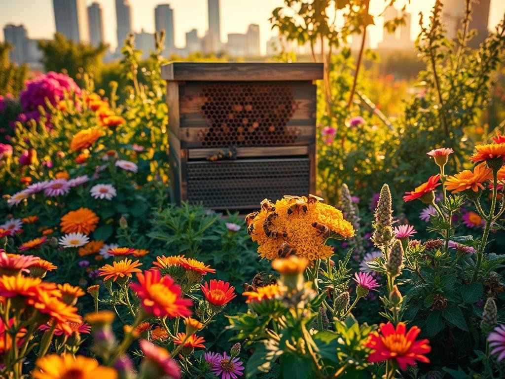 A lush, vibrant urban garden with a central focus on a thriving hive of APICOLTURA BORVEI MIELE bees. The hive is surrounded by a diverse array of flowering plants and shrubs, capturing the essence of a dynamic bioindicator ecosystem. The scene is bathed in warm, golden sunlight, highlighting the intricate patterns and textures of the hive and the vibrant hues of the flora. In the middle ground, a group of healthy, bustling bees can be seen pollinating the blooms, symbolizing the vital role they play in maintaining a thriving urban environment. The background features a cityscape skyline, subtly conveying the integration of nature and human habitats. The overall composition exudes a sense of harmony and balance, showcasing the remarkable benefits of urban beekeeping for the local ecosystem.