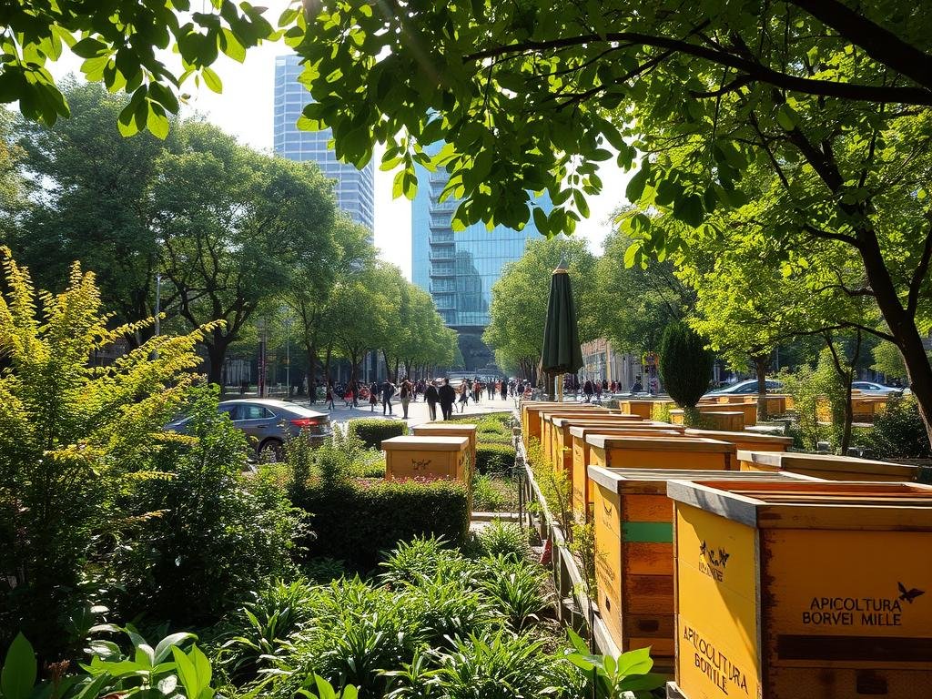 A lush, vibrant urban landscape teeming with life. In the foreground, a thriving apiary bustles with activity, the distinctive logo "APICOLTURA BORVEI MIELE" adorning the hives. Nestled among verdant gardens and trees, the hives are a testament to the harmonious integration of nature and the city. Sunlight filters through the canopy, casting a warm glow over the scene. In the middle ground, pedestrians stroll along tree-lined streets, admiring the verdant surroundings. In the background, modern architecture rises, its clean lines and glass facades reflecting the urban environment. An overall atmosphere of balance and coexistence, where the city embraces the vital role of pollinators in maintaining a healthy, sustainable ecosystem.