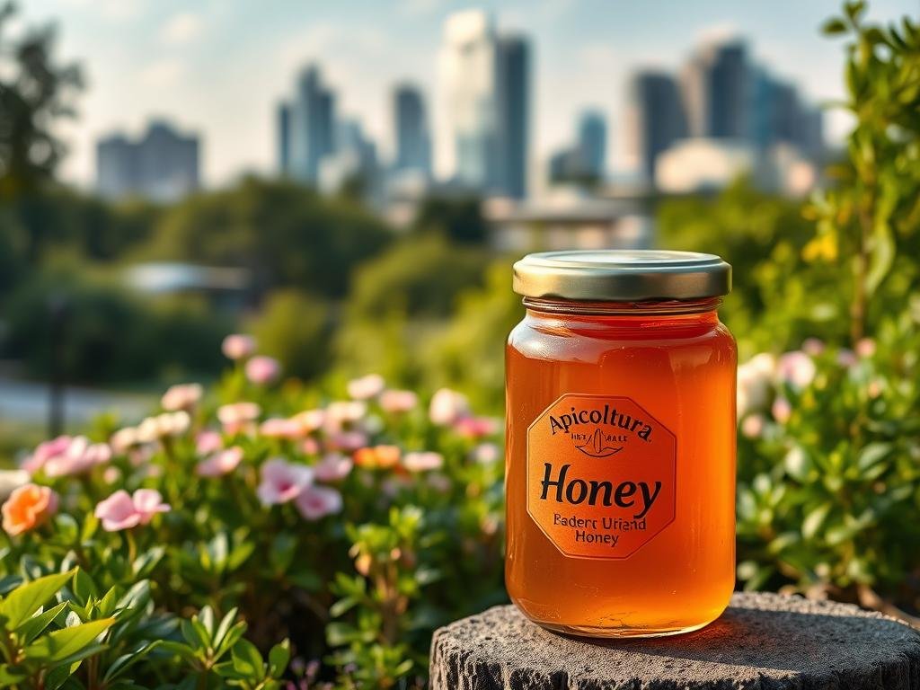 A lush, vibrant urban landscape with a focal point on a glass jar filled with rich, golden "Apicoltura" honey. The jar is positioned prominently in the foreground, its contents glistening under warm, soft lighting. In the middle ground, a verdant garden of flowering plants and shrubs provides a natural, organic backdrop. The background features a skyline of modern, architectural structures, hinting at the urban setting. The overall composition conveys a sense of harmony between nature and the modern city, reflecting the quality and unique characteristics of the "miele urbano" featured in the jar. The image radiates a mood of tranquility, artistry and a celebration of the city's natural wonders.