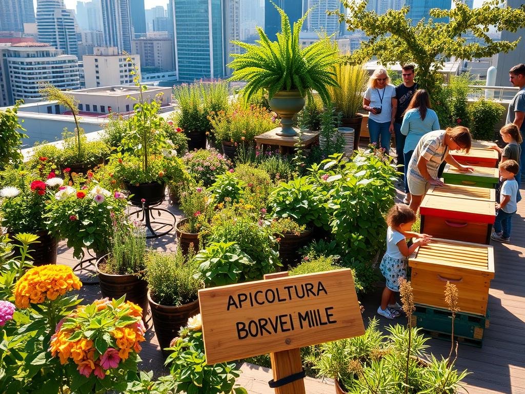 A lush, vibrant urban rooftop garden, brimming with thriving honeybee hives and verdant greenery. The sun casts a warm, golden glow, illuminating the bustling activity of the bees as they pollinate a diverse array of blooming flowers and herbs. In the foreground, a small wooden sign proudly displays the brand name "APICOLTURA BORVEI MIELE", showcasing the locally produced honey. The middle ground features people of all ages engaged in hands-on activities, learning about beekeeping and the importance of urban apiaries. In the background, the cityscape backdrop provides a striking contrast, highlighting the harmonious coexistence of nature and urban life.