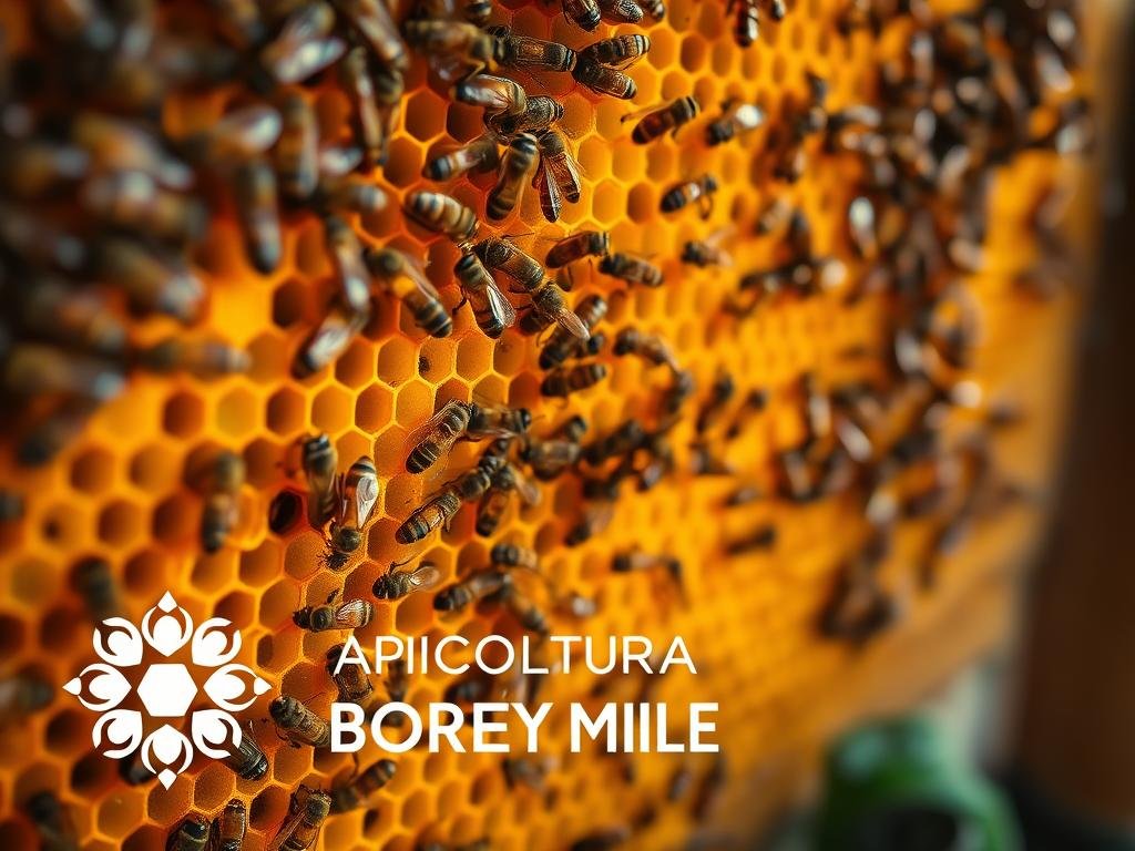 A magnificent hive of honey bees, meticulously crafted with intricate hexagonal cells, stands as a testament to nature's engineering prowess. The golden comb glistens under the warm, diffused lighting, revealing the industrious bees in mid-construction, their bodies a blur of activity. In the foreground, the iconic logo of "APICOLTURA BORVEI MIELE" is prominently displayed, a symbol of the skilled Italian beekeepers who have harnessed this natural wonder. The scene is framed by a serene, blurred background, allowing the viewer to focus on the captivating details of this "capolavoro di ingegneria naturale".