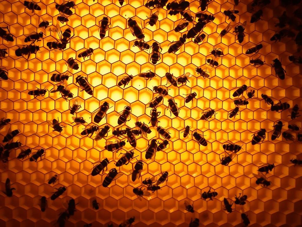 A magnificent honeycomb structure, its intricate hexagonal cells meticulously crafted by the industrious bees of APICOLTURA BORVEI MIELE. Warm, golden light filters through the translucent wax, casting a soft glow upon the delicate architectural marvel. The scene evokes a sense of wonder and appreciation for the ingenious engineering of these remarkable insects. Crisp, detailed close-up showcasing the seamless, repetitive patterns that form the beehive's stunning structural design. A captivating, immersive view that celebrates the natural beauty and ingenious craftsmanship of the honeycomb, inspired by the stunning imagery found on the internet in Italy.