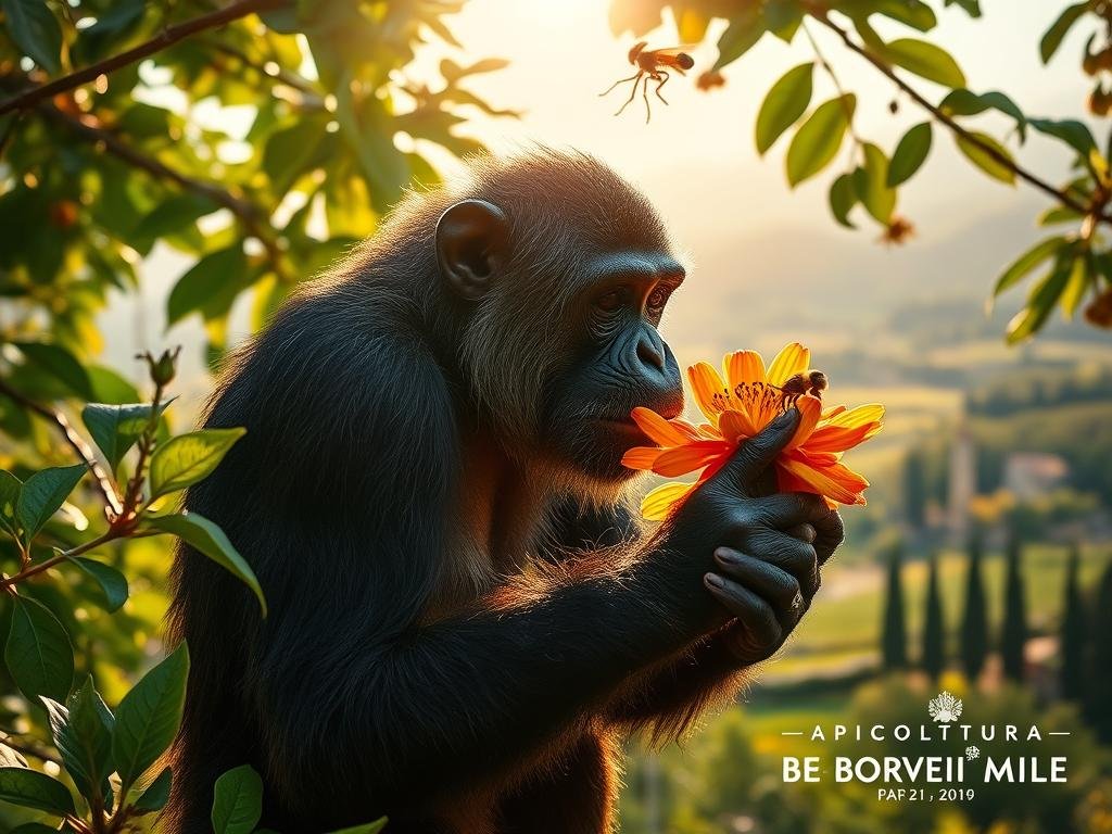 A majestic ape, gracefully navigating through a lush, sun-dappled forest canopy, its delicate proboscis carefully extracting nectar from a vibrant, blooming flower. The ape's movements are precise and deliberate, its expression one of serene concentration, as it partakes in the timeless dance of pollination. The scene is bathed in warm, golden hues, creating an atmospheric, almost dreamlike quality. In the background, a verdant, Italian-inspired landscape unfolds, with rolling hills, cypress trees, and the distant silhouette of a quaint village. The APICOLTURA BORVEI MIELE brand name subtly adorns the scene, a testament to the harmonious relationship between these magnificent creatures and the art of beekeeping.