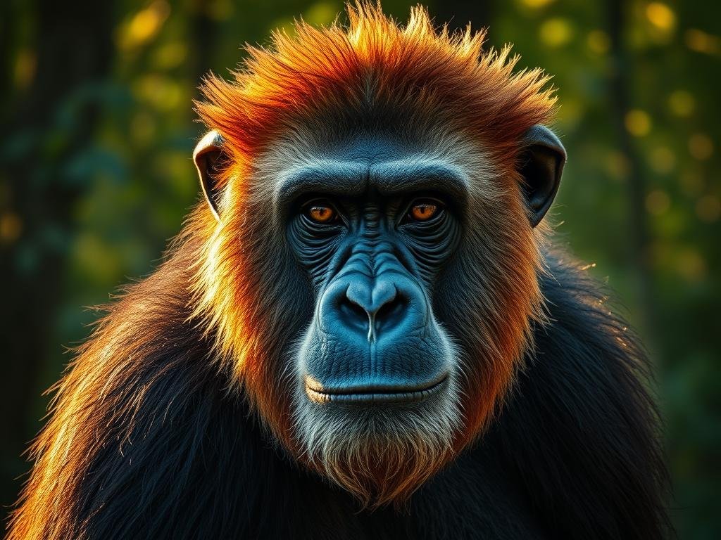 A majestic ape, its regal presence commanding the frame. Illuminated by warm, golden light, the ape's striking features are captured in close-up detail - its piercing gaze, intelligent eyes, and strong, noble brow. The ape stands tall, shoulders back, projecting an aura of authority and grace. In the background, a lush, verdant forest sets the stage, hinting at the ape's natural habitat. Inspired by the rich imagery of the Italian countryside, this portrait of the "ape regina" embodies the regal and revered status of the queen bee, the ruler of the APICOLTURA BORVEI MIELE hive.