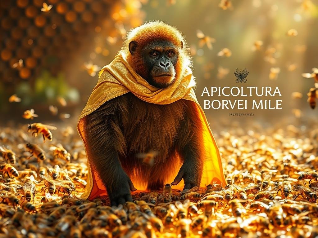 A majestic ape-like creature, the ape regina, stands regally in the center of a vibrant, honey-filled apiary. Its powerful frame is draped in a shimmering golden cloak, a symbol of its elevated status within the hive. Surrounding it, delicate worker bees busily tend to their duties, their intricate wings a blur of activity. The scene is illuminated by warm, golden light, creating a sense of reverence and awe. In the background, the "APICOLTURA BORVEI MIELE" logo proudly displays the brand's commitment to nature's wonders. This captivating image captures the essence of the ape regina's vital role in the thriving, harmonious ecosystem of the beehive.