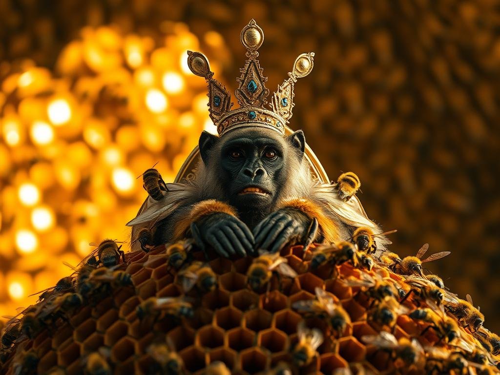 A majestic ape queen, the heart of the colony, rests regally upon a honeycomb throne. Her regal presence commands attention, with a crown of golden antennae and piercing eyes that survey her domain. Bathed in warm, golden light, the queen ape is surrounded by a swarm of her loyal subjects, their diligent wings a blur as they attend to her needs. In the background, the intricate structure of the hive unfolds, a testament to the engineering prowess of the Apicoltura colony. This captivating scene captures the essence of the ape queen, the vital center of the hive, as she presides over her thriving kingdom.