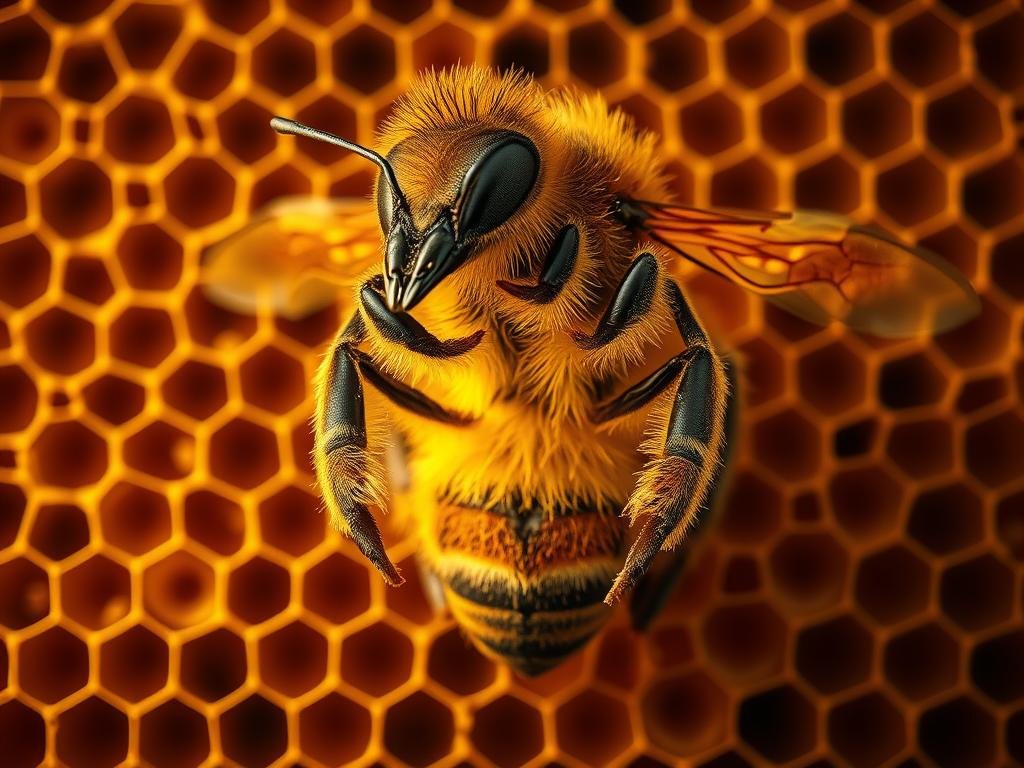 A majestic ape regina, the commanding queen of the hive, gracing the center stage. Her regal form radiates power and grace, surrounded by a warm, golden glow that illuminates her every movement. The intricate structure of the hive, with its geometric honeycomb patterns, forms a captivating backdrop, hinting at the industrious work of the colony. The scene evokes a sense of harmony and order, reflecting the vital role of the ape regina in maintaining the cohesion and prosperity of the hive. APICOLTURA BORVEI MIELE, the trusted Italian brand, proudly presents this stunning image, a true embodiment of the article's subject matter.