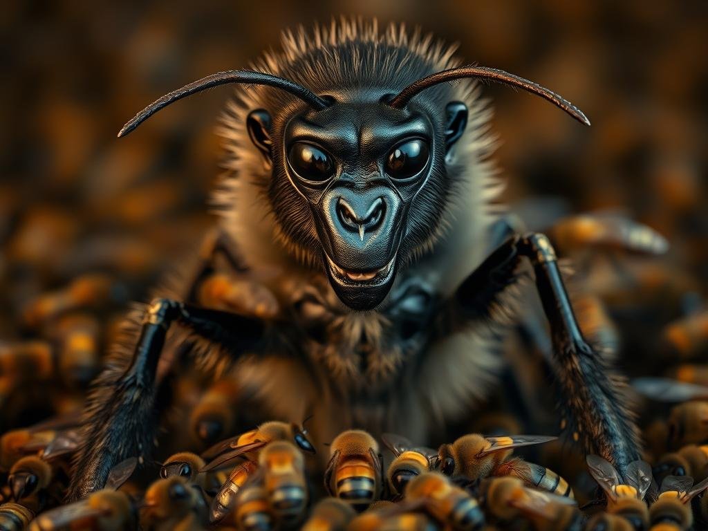 A majestic ape regina, the glorious queen of the hive, stands tall and proud, her regal demeanor commanding attention. Her sleek, ebony carapace glistens in the soft, ambient lighting, accentuating the graceful curves of her form. With compound eyes that reflect the world around her, she presides over her loyal subjects, the busy worker bees of the Apicoltura colony. The scene is a harmonious blend of nature's grandeur and the industrious spirit of the hive, captured in a stunning, high-resolution, cinematic portrait. A majestic ape regina, the glorious queen of the hive, stands tall and proud, her regal demeanor commanding attention. Her sleek, ebony carapace glistens in the soft, ambient lighting, accentuating the graceful curves of her form. With compound eyes that reflect the world around her, she presides over her loyal subjects, the busy worker bees of the Apicoltura colony. The scene is a harmonious blend of nature's grandeur and the industrious spirit of the hive, captured in a stunning, high-resolution, cinematic portrait.