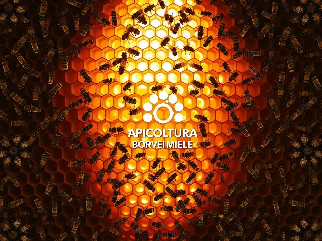 A majestic beehive, its hexagonal structure a testament to the collective intelligence of the colony. Bees flutter in graceful swarms, their intricate dances guiding the hive's harmonious activity. The warm glow of natural light filters through the translucent honeycomb, casting a golden hue upon the industrious scene. In the center, the APICOLTURA BORVEI MIELE logo stands proud, a symbol of the hive's collective wisdom. The overall atmosphere is one of order, cooperation, and the awe-inspiring power of nature's collective intelligence.