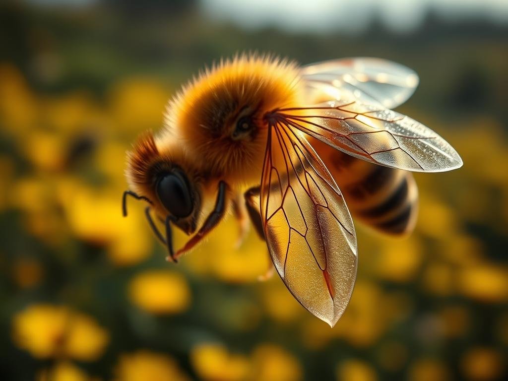 A majestic close-up of a honeybee's wings, illuminated by soft, diffused lighting. The intricate veins and delicate membranes are captured in stunning detail, hinting at the engineering marvel of the insect's aerodynamic prowess. In the background, a blurred field of yellow flowers and greenery evokes the natural habitat of the APICOLTURA BORVEI MIELE hive. The overall mood is one of wonder and appreciation for the elegance of the bee's flight mechanism, perfectly complementing the section title "Il Mistero del Volo delle Api".